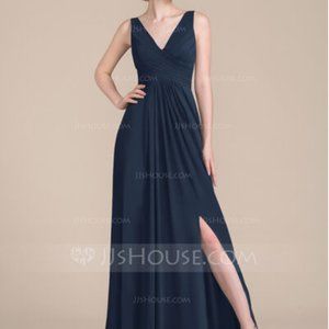 Navy Blue Floor Length Chiffon Bridesmaids Dress
